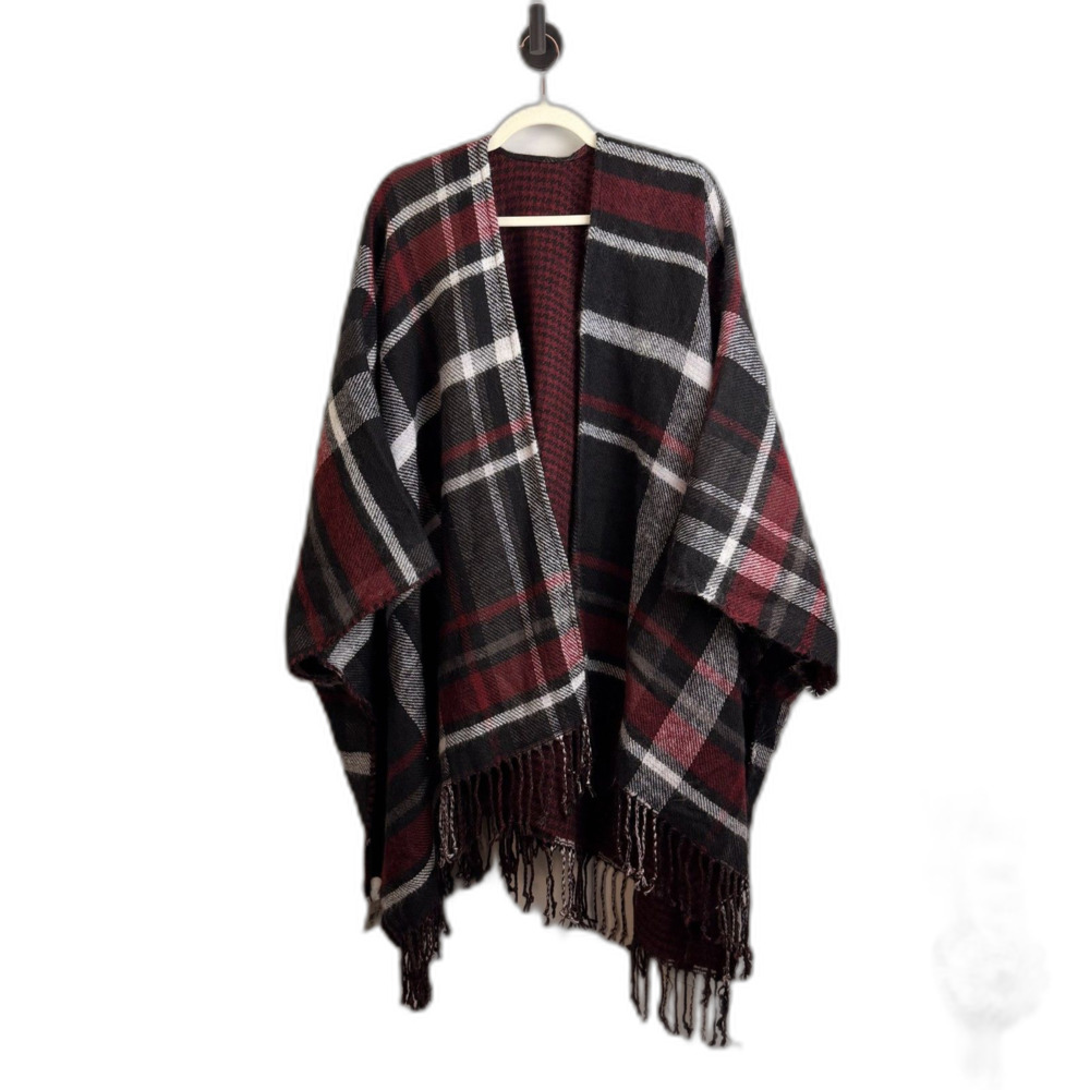 Falls Creek Women’s Plaid Ruana Black Red Gray Fringe One Size NWT
